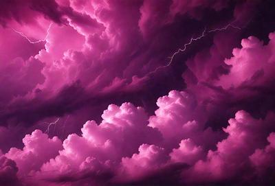 The primary subject of the image is a purple cloudy sky with a lightning bolt streaking through it. The setting is a cloudy sky, and the visual style appears to be a photo. The dominant colors are purple and pink, creating a moody and dramatic atmosphere.