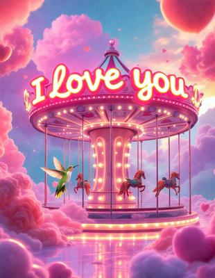 The primary subject of the image is a carousel with a pink and purple color scheme. The carousel is adorned with lights and features a sign that reads "I Love You." The setting is a cloudy sky, which serves as the backdrop for the carousel. The visual style of the image is a digital art or illustration, creating a whimsical and romantic atmosphere. The dominant colors are pink and purple, which evoke feelings of love and affection.