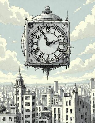 The primary subject of the image is a large clock, which is floating in the air above a cityscape. The clock is prominently displayed in the foreground, with the city buildings visible in the background. The visual style of the image is a combination of digital art and illustration, creating a unique and artistic representation of the city and the clock. The colors and mood of the image are predominantly dark and moody, with the clock and cityscape serving as the focal points of the scene.