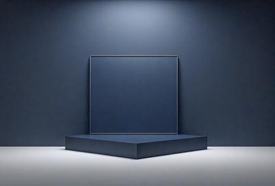 The primary subject of the image is a large, empty glass display case. The display case is situated against a blue wall, which serves as the setting and background for the scene. The visual style of the image is a photo, capturing the empty display case and the blue wall behind it. The colors and mood of the image are predominantly blue, creating a calm and serene atmosphere.