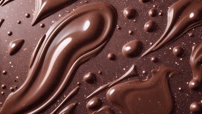 The primary subject of the image is a close-up of chocolate drizzled on a surface. The setting is a dark background, which contrasts with the chocolate. The visual style is a close-up of the chocolate, showcasing its texture and appearance. The colors are predominantly brown, with the chocolate being the main focus. The overall atmosphere is rich and indulgent, as the chocolate drizzle is a popular treat or decoration.