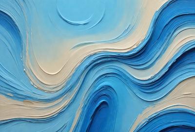 The primary subject of the image is a painting of a blue ocean with waves. The setting is a blue background, and the visual style appears to be a digital art or illustration. The dominant colors in the painting are blue and white, creating a serene and calming atmosphere.