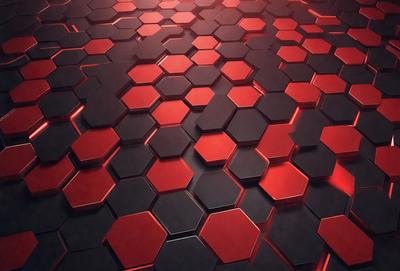 The primary subject of the image is a large, intricate pattern of red and black hexagons. The setting is a black and red surface, which could be a wall or a floor. The visual style is a combination of digital art and illustration, creating a unique and eye-catching design. The colors and mood of the image are bold and striking, with the red hexagons standing out against the black background.