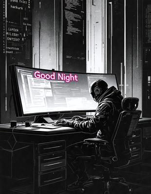 The primary subject of the image is a man sitting at a desk in front of a large computer monitor. He is working on the computer, likely coding or programming. The setting is an office environment, with a chair and a desk visible in the scene. The visual style of the image is a black and white drawing, giving it a classic and timeless appearance. The colors and mood of the image are predominantly dark, with the man's focus on the computer screen being the main point of interest.