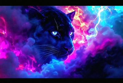 The primary subject of the image is a black panther with blue eyes. The setting is a purple and blue cloudy sky, creating a vibrant and colorful backdrop. The visual style is a digital art or illustration, showcasing the panther's features and the cloudy sky. The colors and mood of the image are lively and energetic, with the purple and blue hues adding a sense of depth and intensity to the scene.