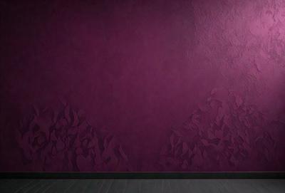 The primary subject of the image is a purple wall with a pattern of flowers on it. The setting is a room with a purple wall, and the visual style appears to be a combination of a photo and a drawing. The dominant colors are purple and pink, creating a warm and inviting atmosphere.