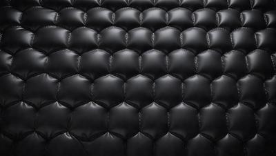 The primary subject of the image is a black leather couch. The setting is a black background, which creates a striking contrast with the couch. The visual style is a close-up of the couch, showcasing its texture and details. The colors and mood of the image are predominantly black, giving it a sleek and modern appearance.
