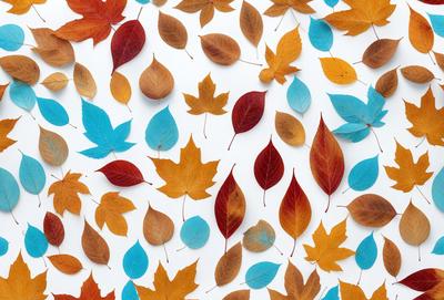 The primary subject of the image is a collection of autumn leaves, which are arranged in a visually appealing pattern. The leaves are displayed on a white surface, creating a striking contrast between the colors of the leaves and the white background. The visual style of the image is a combination of photo and digital art, as it captures the beauty of the autumn leaves in a creative and artistic manner. The dominant colors in the image are orange, red, and yellow, which evoke a warm and inviting atmosphere.