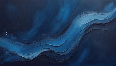 The primary subject of the image is a painting of a blue wave. The setting is a dark blue background, which contrasts with the bright blue wave. The visual style is a painting, and the colors and mood convey a sense of calmness and tranquility.
