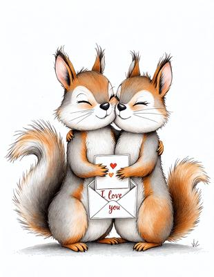 The image features two cute, fluffy, and cuddly squirrels standing close to each other. They are holding a heart-shaped card, which is likely a Valentine's Day card. The scene is set in a forest, with the squirrels standing on a tree branch. The overall atmosphere is warm, affectionate, and heartwarming.