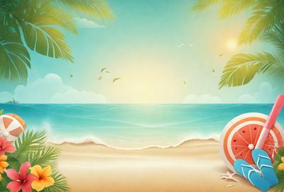 The primary subject of the image is a beach scene with a palm tree and a sandy beach. The setting is a tropical beach with a sunset in the background. The visual style is a digital art or illustration, creating a vibrant and colorful atmosphere. The colors and mood are predominantly warm and inviting, with the sunset adding a sense of tranquility and relaxation to the scene.