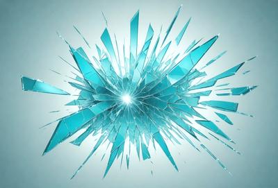 The primary subject of the image is a large, blue, shattered glass piece. The setting is a blue background, which creates a contrasting and visually appealing environment. The visual style is a digital art or illustration, as the glass appears to be a part of a larger, abstract design. The colors and mood of the image are predominantly blue, giving it a calm and serene atmosphere.