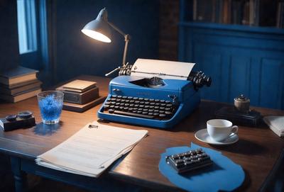 The primary subject of the image is a blue typewriter sitting on a wooden desk. The setting is a room with a brick wall, and the visual style is a photo. The colors in the image are predominantly blue, giving the scene a calm and nostalgic atmosphere.