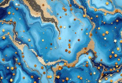 The primary subject of the image is a blue and gold star-filled background. The setting is a blue and gold star-filled background, which creates a visually appealing and unique design. The visual style of the image is a combination of digital art and illustration, giving it a modern and artistic appearance. The colors and mood of the image are predominantly blue and gold, with a sense of wonder and creativity.