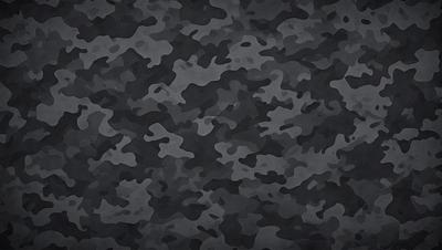 The primary subject of the image is a camouflage pattern, which is the main object, scene, or focus of the image. The setting or background is a dark, black surface, which contrasts with the camouflage pattern. The visual style of the image is a photo, as it captures the intricate details of the camouflage pattern. The colors and mood of the image are predominantly dark and moody, with the camouflage pattern providing a sense of depth and complexity.