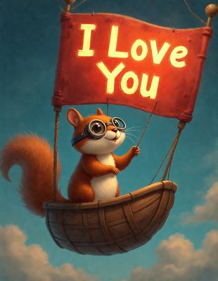 The primary subject of the image is a small, cute, and fluffy red squirrel wearing glasses. The squirrel is sitting in a boat, which is flying through the sky. The setting is a whimsical and imaginative scene, likely created through digital art or illustration. The colors are predominantly red and orange, giving the image a warm and cheerful atmosphere.