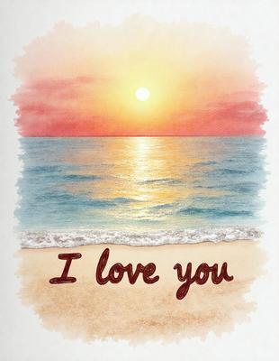 The primary subject of the image is a painting of a beach scene with a sunset. The setting is a beach with a body of water, and the visual style is a watercolor painting. The colors and mood of the painting are warm and inviting, with the sunset creating a serene atmosphere.