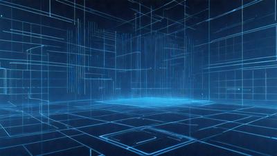The primary subject of the image is a blue, geometric, and abstract space. The setting is a dark room with a blue background, and the visual style is digital art. The dominant colors are blue and black, creating a calm and serene atmosphere.