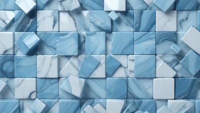 The primary subject of the image is a blue marble wall with a pattern of white and blue tiles. The setting is a room with a blue marble wall as the main focus. The visual style is a combination of digital art and illustration, creating a unique and eye-catching design. The dominant colors are blue and white, giving the wall a clean and modern appearance.