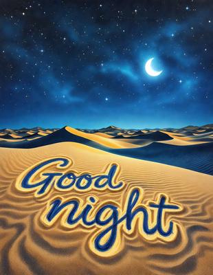 Good Night: [The main object, scene, or focus of the image is a nighttime scene with a moon in the sky, a sandy desert, and a message that reads "Good Night." The visual style is digital art, and the colors and mood are serene and peaceful.]