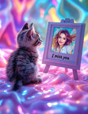 The primary subject of the image is a cat sitting in front of a picture frame. The setting is a pink background, which adds a vibrant and playful atmosphere to the scene. The visual style appears to be a photo, capturing the cat's interaction with the picture frame. The colors and mood of the image are predominantly pink, creating a warm and inviting environment.