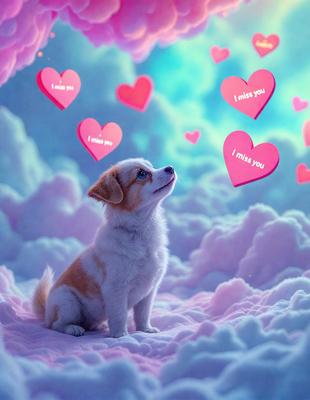 The primary subject of the image is a small brown and white dog sitting on a pink cloud. The setting is a whimsical, dreamy environment with a cloudy background. The visual style is a combination of photo and digital art, creating a surreal and playful atmosphere. The dominant colors are pink and white, with the pink cloud and the dog's fur, while the background features a cloudy sky. The overall mood of the image is light-hearted and imaginative.