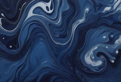 The primary subject of the image is a blue and white painting of a swirling, flowing pattern. The setting is a blue background, and the visual style appears to be a digital art or illustration. The dominant colors are blue and white, creating a calm and serene atmosphere.