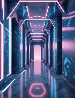 The primary subject of the image is a long, narrow hallway with a blue and pink color scheme. The setting is a futuristic, underground environment, possibly a space station or a subterranean facility. The visual style is a combination of digital art and illustration, creating a unique and captivating atmosphere. The dominant colors are blue and pink, which contribute to the futuristic and surreal mood of the scene.