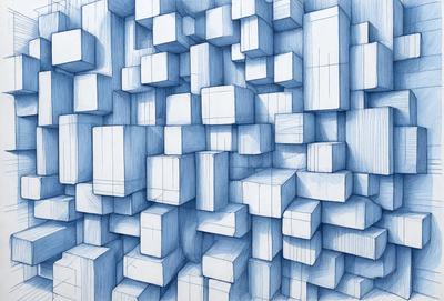 The primary subject of the image is a blue, hand-drawn, abstract artwork featuring a large number of square shapes. The setting is a blue background, and the visual style is a combination of drawing and digital art. The colors and mood of the image are predominantly blue, creating a calm and serene atmosphere.