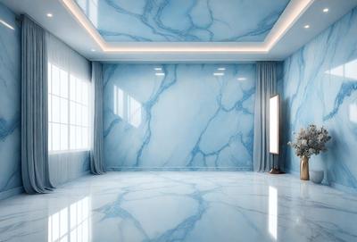 The primary subject of the image is a large, open room with a blue marble wall. The setting is a modern, clean environment, possibly a hotel room or a luxurious living space. The visual style is a combination of photo and digital art, creating a realistic yet artistic representation of the room. The dominant colors are blue and white, giving the room a calm and sophisticated atmosphere.