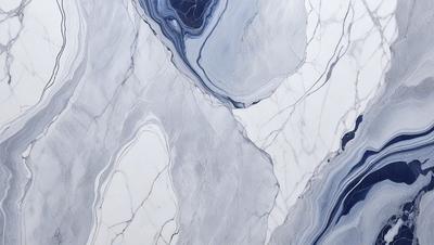The image features a marble-like surface with a blue and white color scheme. The primary subject is a close-up of the marble, showcasing its intricate patterns and textures. The setting is a white background, which highlights the marble's beauty. The visual style is a combination of a photo and digital art, creating a realistic yet artistic representation of the marble. The colors and mood of the image are serene and elegant, evoking a sense of luxury and sophistication.