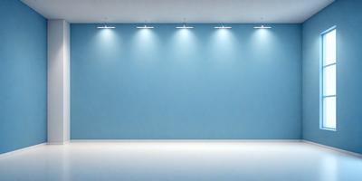 The primary subject of the image is a blue wall with a row of lights mounted on it. The setting is a white room with a blue wall, and the visual style is a photo. The dominant colors are blue and white, creating a calm and serene atmosphere.