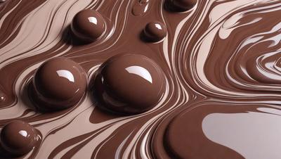 The primary subject of the image is a close-up of chocolate drizzled on a surface, creating a visually appealing and appetizing scene. The setting is a table, and the visual style is a photo. The dominant colors are brown and white, with the chocolate drizzle creating a rich and indulgent atmosphere.