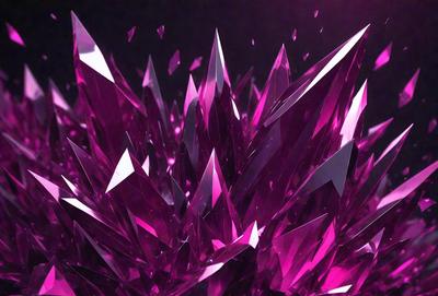 The primary subject of the image is a large, pink crystal formation. The setting is a dark background, which contrasts with the vibrant pink color of the crystal. The visual style appears to be a combination of digital art and illustration, creating a unique and eye-catching design. The dominant colors in the image are pink and purple, giving the scene a warm and inviting atmosphere.