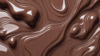 The primary subject of the image is a close-up of a chocolate fountain, with the chocolate flowing in a swirling pattern. The setting is a kitchen, and the visual style is a close-up of the chocolate fountain. The dominant colors are brown and white, and the overall atmosphere is rich and indulgent.
