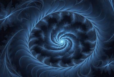 The primary subject of the image is a spiral pattern, which is the main object, scene, or focus of the image. The spiral pattern is set against a blue background, creating a visually striking contrast. The spiral pattern is depicted in a digital art style, giving it a modern and intricate appearance. The overall atmosphere of the image is one of beauty and complexity, with the spiral pattern serving as the central point of interest.
