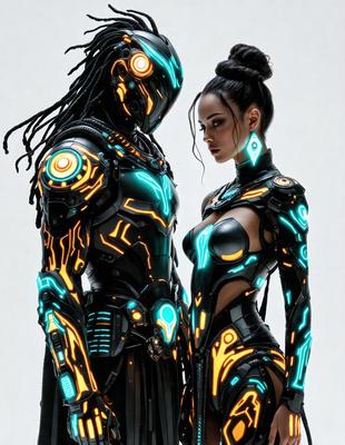 The primary subject of the image is a man and a woman dressed in futuristic, neon-colored outfits. They are standing next to each other, possibly posing for a picture. The setting appears to be a futuristic or cyberpunk-themed environment, with the man and woman being the main focus of the scene. The visual style of the image is digital art, as it is a well-crafted and detailed illustration. The dominant colors in the image are neon shades, giving the scene a futuristic and vibrant atmosphere.