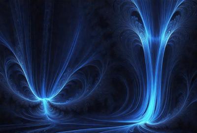 The primary subject of the image is a blue, swirling, and flowing pattern. The setting is a dark background, which contrasts with the vibrant blue color of the swirls. The visual style appears to be a digital art or illustration, as the swirls are intricately detailed and the overall atmosphere is dynamic and captivating. The dominant colors are blue and black, creating a sense of depth and movement in the image.
