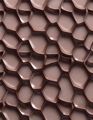 The primary subject of the image is a close-up of a chocolate-colored surface, which appears to be a patterned or textured material. The setting is a dark background, which contrasts with the chocolate surface. The visual style is a close-up, which emphasizes the details of the chocolate pattern. The colors and mood of the image are predominantly dark and rich, with the chocolate color evoking a sense of warmth and indulgence.