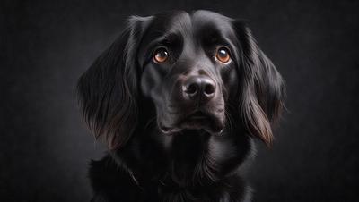 The primary subject of the image is a black dog with brown eyes, looking directly at the camera. The dog is positioned in the center of the frame, and its eyes are the focal point of the image. The setting is a black background, which provides a stark contrast to the dog's features. The visual style is a close-up, capturing the dog's facial expression and details. The colors in the image are predominantly black and brown, creating a moody and dramatic atmosphere.