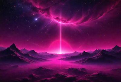 The primary subject of the image is a pink sunset with a bright pink sun in the sky. The setting is a mountainous landscape with a pink sky, creating a serene and beautiful atmosphere. The visual style is a digital art or illustration, showcasing the artist's creativity and skill in capturing the scene. The colors and mood of the image are predominantly pink, giving it a warm and inviting feel.