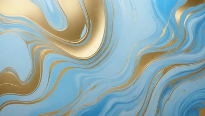 The primary subject of the image is a blue and gold swirling pattern, which appears to be a painting or a digital artwork. The setting is a wall, and the visual style is a combination of photo and digital art. The dominant colors are blue and gold, creating a vibrant and lively atmosphere.
