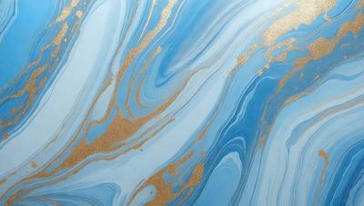 The primary subject of the image is a blue and gold swirling pattern, which appears to be a painting or a digital artwork. The setting is a wall, and the visual style is a combination of painting and digital art. The dominant colors are blue and gold, creating a sense of depth and richness in the artwork.