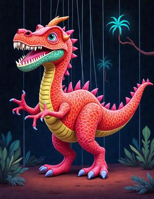 The primary subject of the image is a colorful, cartoon-like dinosaur with a long neck and a mouth full of teeth. The dinosaur is standing in front of a backdrop of a jungle, with a tree in the background. The visual style of the image is a combination of digital art and illustration, creating a vibrant and lively atmosphere. The dominant colors in the image are red, green, and pink, which contribute to the overall cheerful and playful mood.