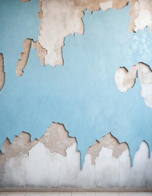 The primary subject of the image is a blue wall with peeling paint, giving it a worn and aged appearance. The setting is a room with a blue wall, and the visual style is a photo. The dominant colors are blue and white, and the overall atmosphere is somewhat melancholic due to the peeling paint.