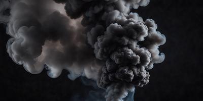 The primary subject of the image is a large, dark cloud with smoke billowing out of it. The setting is a dark sky, and the visual style appears to be a photo. The colors and mood of the image are predominantly dark and ominous, with the smoke and cloud creating a dramatic and intense atmosphere.
