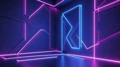 The primary subject of the image is a neon-colored wall with a blue background. The setting appears to be a room with a blue wall, and the visual style is a combination of digital art and illustration. The dominant colors are neon pink and blue, creating a vibrant and energetic atmosphere.