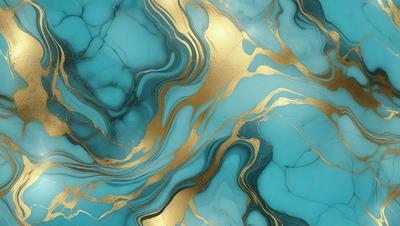 The primary subject of the image is a blue and gold marble-like pattern. The setting is a blue background, and the visual style appears to be a combination of a photo and digital art. The dominant colors are blue and gold, creating a luxurious and elegant atmosphere.