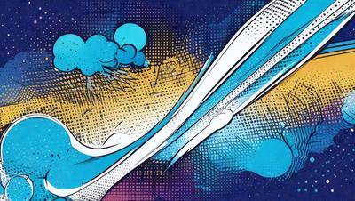 The primary subject of the image is a surfboard, which is the main object in the scene. The surfboard is depicted in a colorful and artistic manner, with a blue and white color scheme. The setting is a beach, and the visual style is a combination of digital art and illustration. The overall atmosphere is lively and energetic, as the surfboard is shown in motion, possibly riding a wave.
