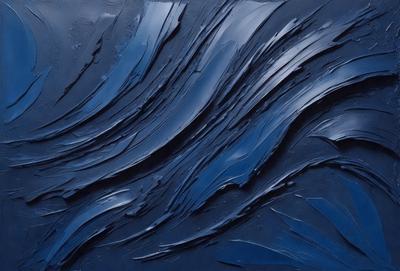The primary subject of the image is a blue painting featuring a wave-like pattern. The setting is a dark blue background, which contrasts with the lighter blue of the wave. The visual style appears to be a combination of digital art and illustration, creating a unique and artistic representation of the wave. The colors and mood of the painting evoke a sense of calmness and tranquility, as the viewer is drawn into the depths of the blue ocean.